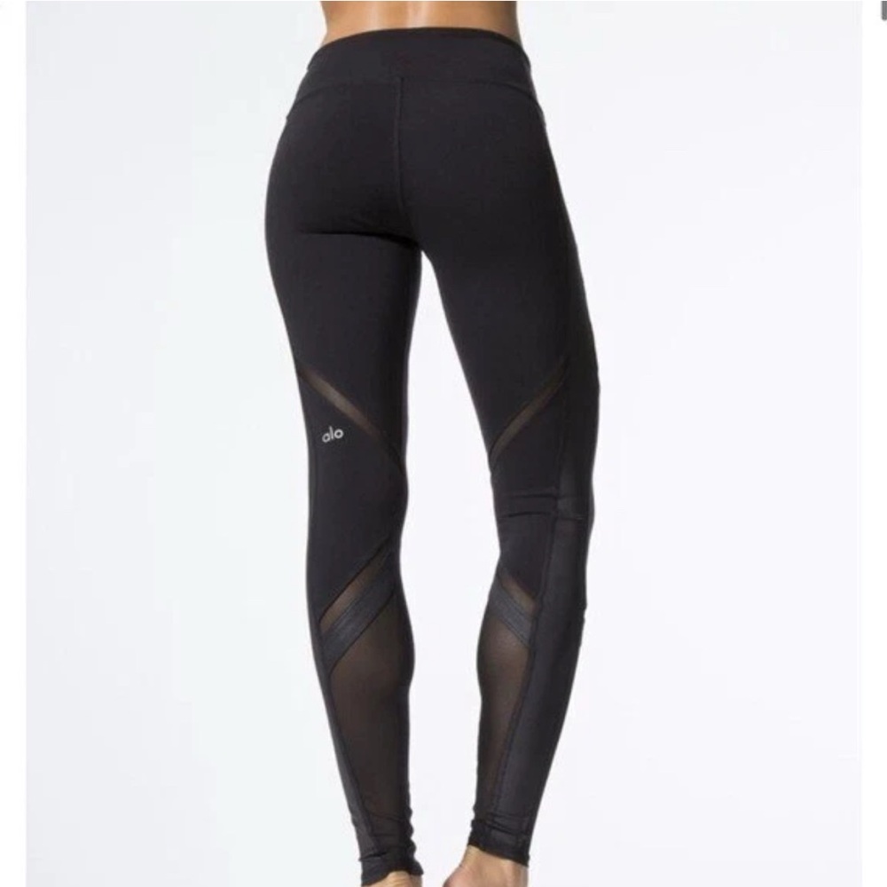 alo Epic Shine On Black Leggings with Sheer Mesh Panels